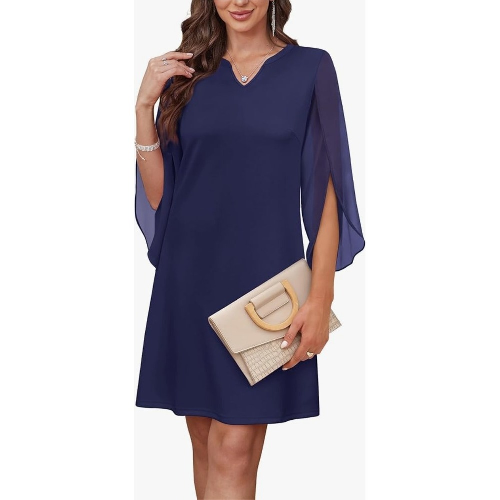 RUMIA Sophisticated Navy Blue V‎ Neck Sheer Flowy Sleeve Shift Dress M NWT